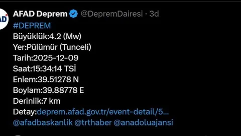 Tunceli'de 4.2 Büyüklüğünde Deprem Meydana Geldi