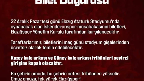 Elazığspor İskenderunspor Maçının Biletlerini Ücretsiz Dağıtıyor