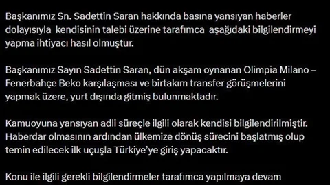 Sadettin Saran Türkiye'ye Dönüyor