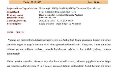 Elazığ'da Soğuk Hava Uyarısı