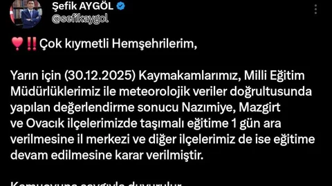 Tunceli'de Taşımalı Eğitime Ara Verildi