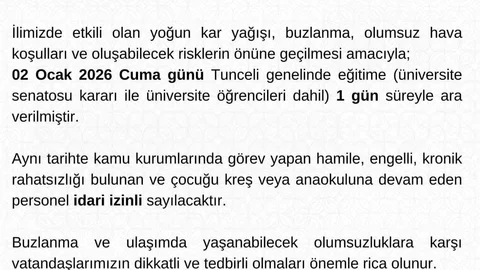 Tunceli'de Eğitime 1 Gün Ara Verildi