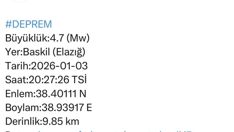 Elazığ'da 4.7 Büyüklüğünde Deprem Oldu