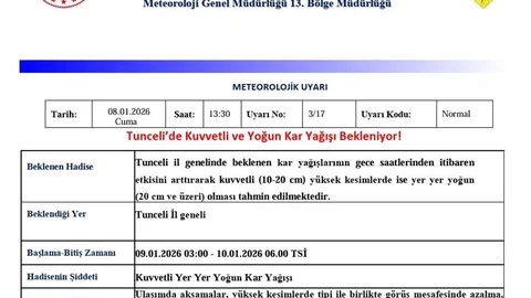 Tunceli'de Kuvvetli Kar Uyarısı Yapıldı