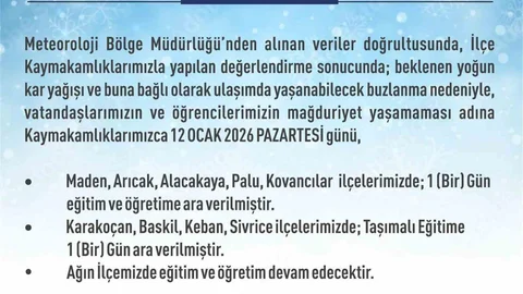 Elazığ'da Eğitim-Öğretime Ara Verildi