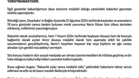 Bakanlıktan Narin Güran Cinayeti Açıklaması