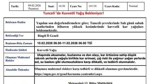 Tunceli'de Kuvvetli Kar Yağışı Bekleniyor