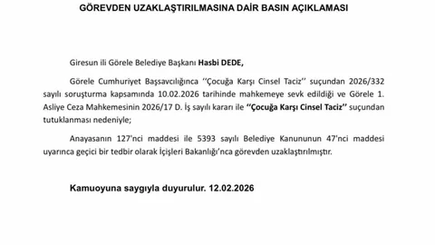 Görele Belediye Başkanı Dede Görevden Uzaklaştırıldı