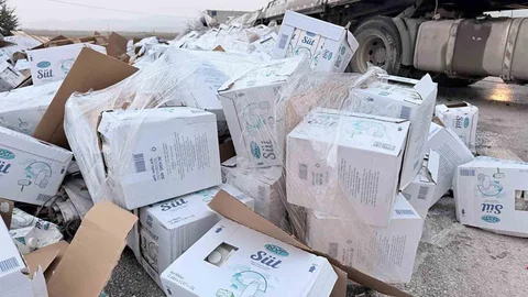 Afyonkarahisar'da Devrilen Tırda 25 Ton Süt Dağıldı