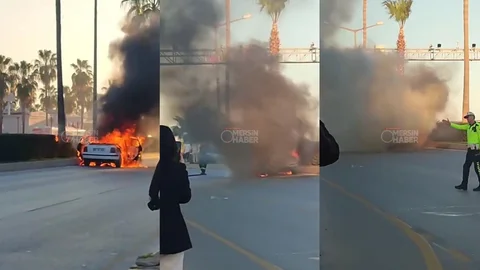 Mersin’de Millet Bahçesi Civarında Hareket Halindeki Otomobil Alevlere Teslim Oldu