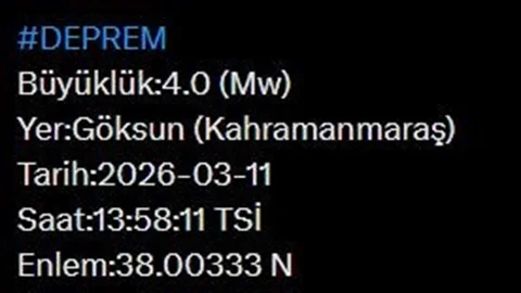 Kahramanmaraş'ta 4 Büyüklüğünde Deprem Oldu