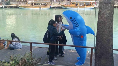 Manavgat'ta Köpek Balığı Kostümlü Genç Eğlendiriyor
