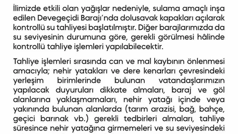 Devegeçidi Barajı'nda Su Tahliyesi Başladı