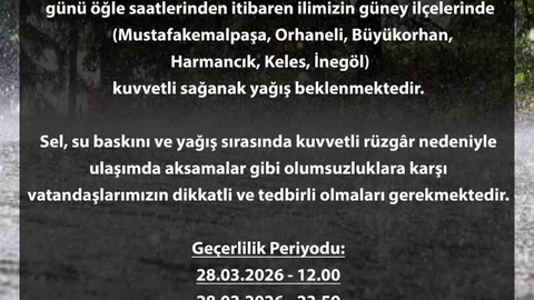Bursa'da Kuvvetli Yağış Uyarısı