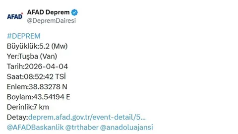 Van'da 5.2 Büyüklüğünde Deprem Oldu