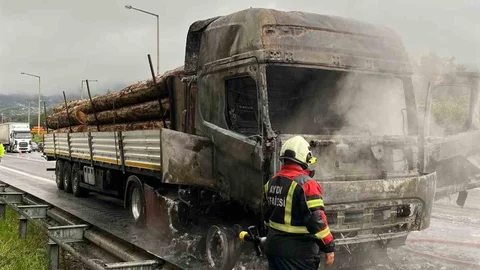 Tomruk Yüklü Tır Yangın Çıkardı