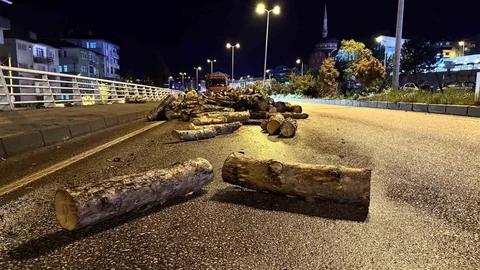 Kamyonun Damperi Kaldı, Odunlar Yola Döküldü