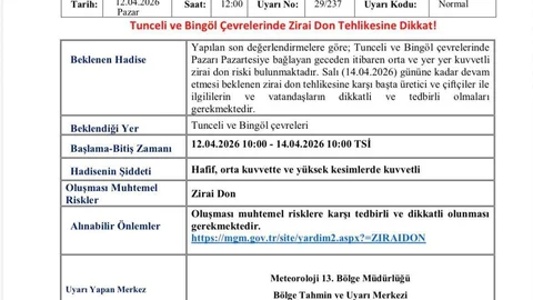 Bingöl ve Tunceli'de Zirai Don Uyarısı