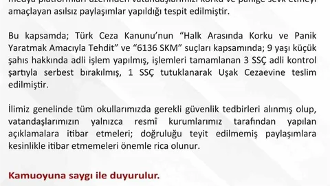 Uşak'ta Asılsız Paylaşımlar Nedeniyle Tutuklama Yapıldı