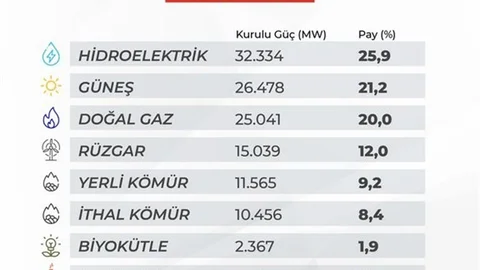 Türkiye'nin Elektrik Kurulu Gücü 125 Bin Megavatı Aştı