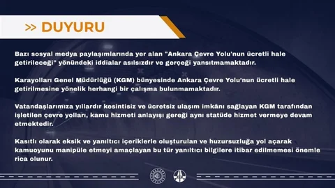 Ankara Çevre Yolu Ücretli Olmayacak