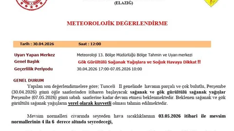 Tunceli'de Sağanak Yağış Bekleniyor
