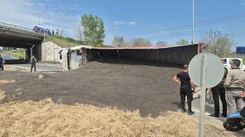 Tekirdağ'da Tır Devrildi, Trafik Durdu