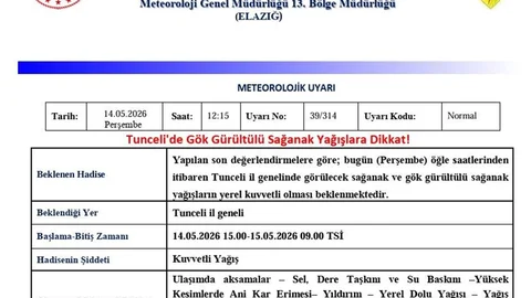 Tunceli'de Sağanak Yağış Bekleniyor
