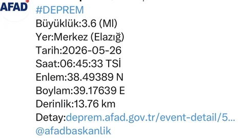 Elazığ'da 3.6 Büyüklüğünde Deprem Meydana Geldi