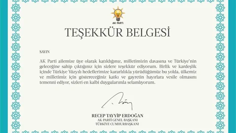 AK Parti Üyelerine Teşekkür Belgesi Gönderildi