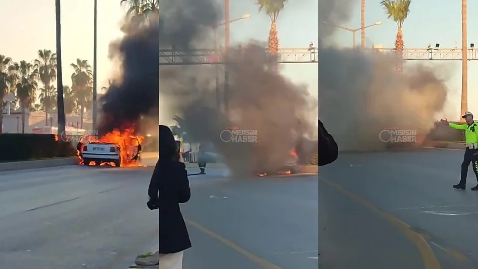 Mersin’de Millet Bahçesi Civarında Hareket Halindeki Otomobil Alevlere Teslim Oldu