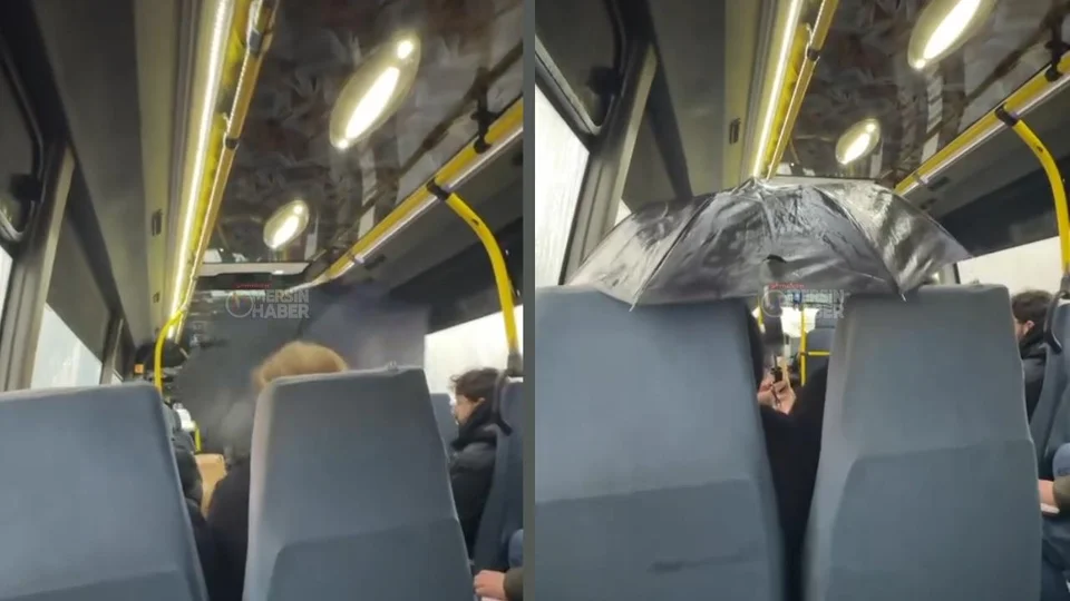 Mersin’de Sağanak Yağış Manzarası: Tavanı Akan Minibüste Yolcular Şemsiye Açtı