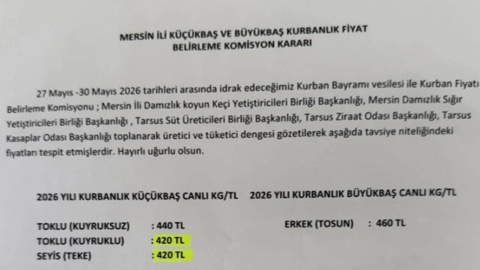 Mersin’de Kurban Bayramı İçin Küçükbaş ve Büyükbaş Kurbanlık Fiyatları Belirlendi