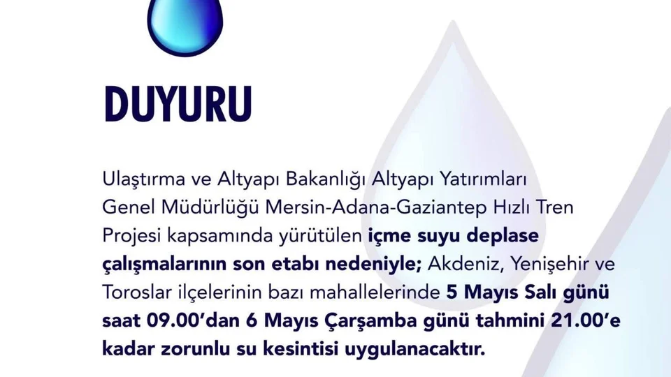 MESKİ’den Önemli Duyuru: Akdeniz, Yenişehir ve Toroslar’da Su Kesintisi! 36 Saat Sürecek