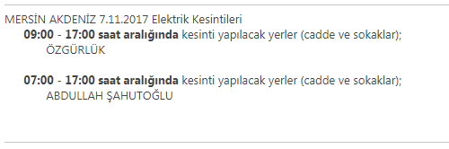 Mersin Akdeniz 7 Kasım 2017 Salı Günü Elektrik Kesintileri