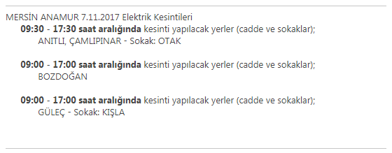 Mersin Anamur 7 Kasım 2017 Salı Günü Elektrik Kesintileri