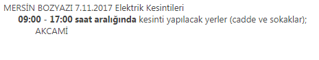 Mersin Bozyazı 7 Kasım 2017 Salı Günü Elektrik Kesintileri