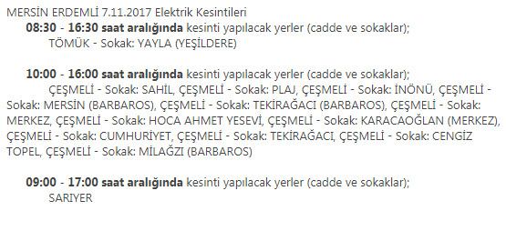 Mersin Erdemli 7 Kasım 2017 Salı Günü Elektrik Kesintileri