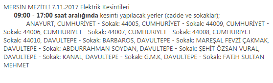 Mersin Mezitli 7 Kasım 2017 Salı Günü Elektrik Kesintileri