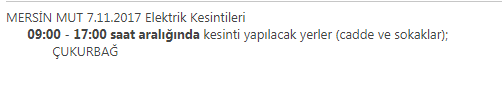 Mersin Mut 7 Kasım 2017 Salı Günü Elektrik Kesintileri