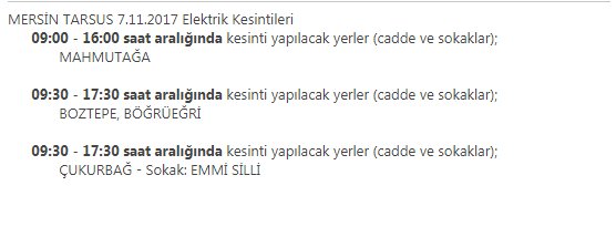 Mersin Tarsus 7 Kasım 2017 Salı Günü Elektrik Kesintileri