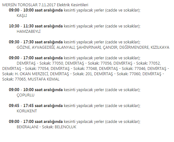 Mersin Toroslar 7 Kasım 2017 Salı Günü Elektrik Kesintileri