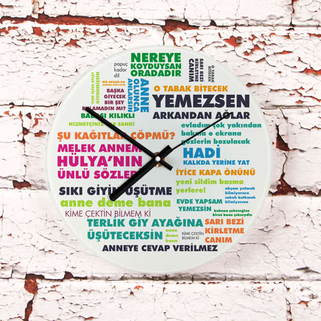 Klasik Anne Sözleri Tasarımlı Cam Duvar Saati