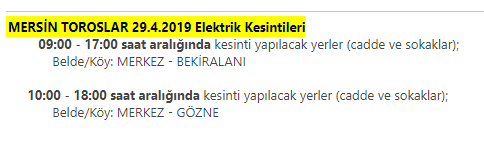 MERSİN TOROSLAR 29.4.2019 Elektrik Kesintileri