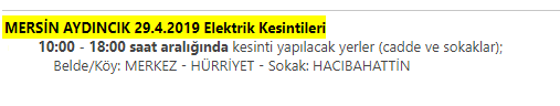 MERSİN AYDINCIK 29.4.2019 Elektrik Kesintileri