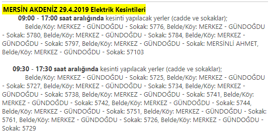 MERSİN AKDENİZ 29.4.2019 Elektrik Kesintileri