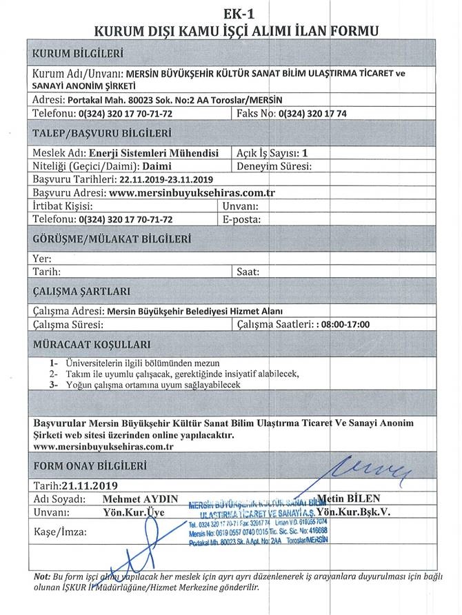 Enerji Sistemleri Mühendisi: 1 Kişi