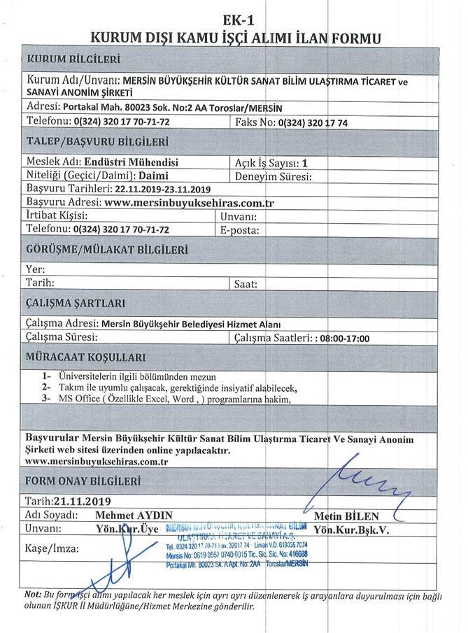 Endüstri Mühendisi: 1 Kişi