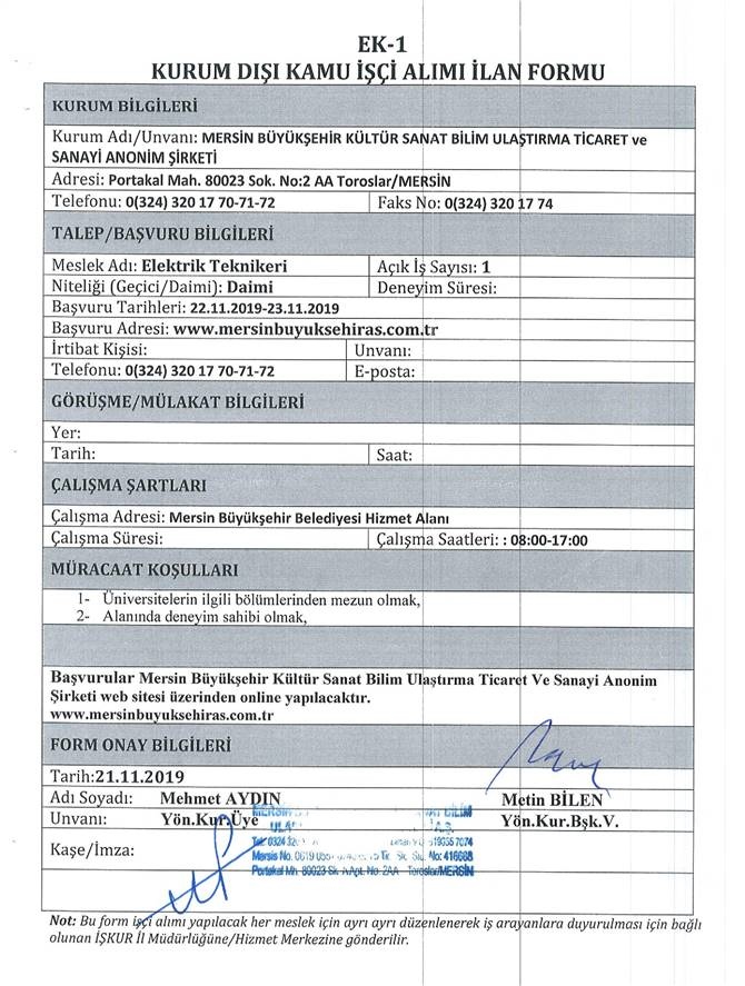 Elektrik Teknikeri: 1 Kişi