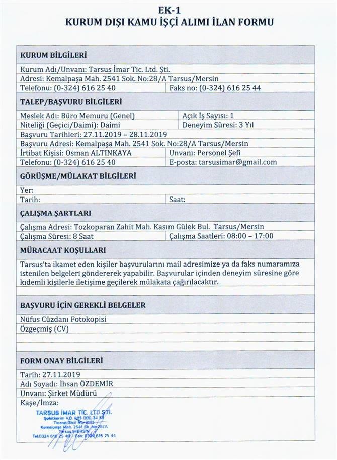 Büro Memuru (Genel): 1 Kişi